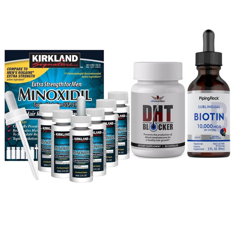 6 Minoxidil Kirkland 5% DHT Blocker Biotina Liquida 10000 Mcg
