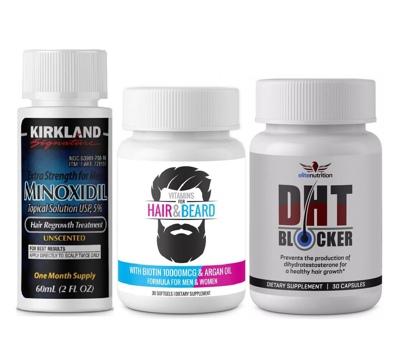 Combo 1 Mes Minoxidil Kirkland 5% Biotina y DHT Blocker