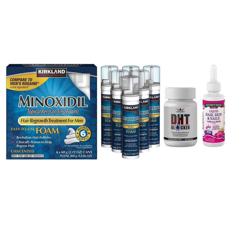 Kit Minoxidil Espuma Kirkland 5% DHT Blocker Biotina Liquida 10000 Mcg